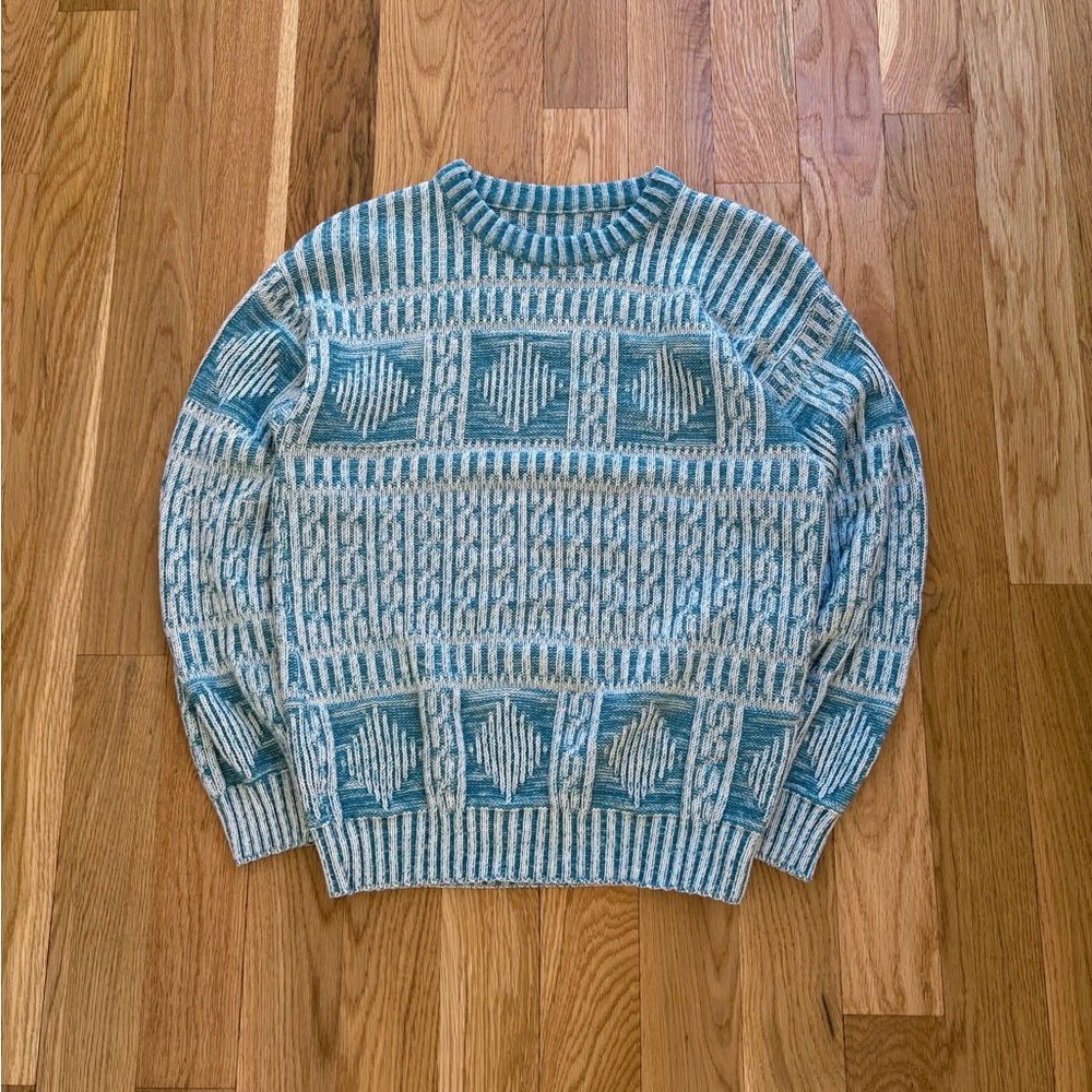 Made in USA Vintage 60s Acrylic Knit Ribbed Textured Sweater Teal White Medium - Picture 1 of 9